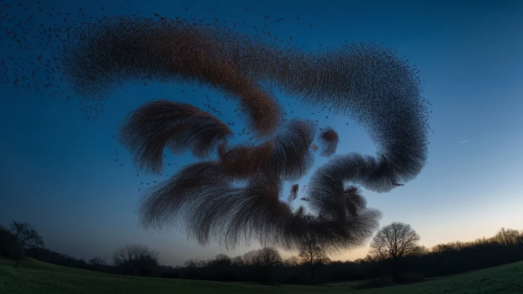 murmuration of starlings danced across the evening sky