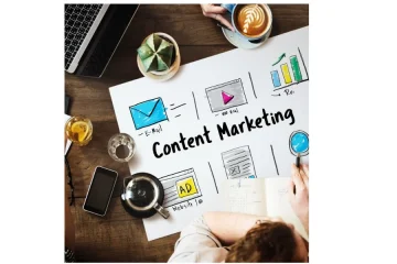Content marketing diagram on a desk showing email, video, website ads, and ROI, surrounded by people planning a strategy.