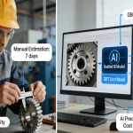 Infographic comparing traditional manual gear cost estimation (7 days) versus AI-driven visual cost prediction (1 hour) using ResNet18 and gradient boosting tree algorithms.