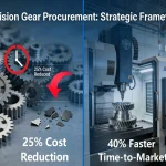 Industrial visual comparing traditional gear procurement challenges (delays, high cost) versus strategic framework solutions (CNC machining, data monitoring, certification) for cost reduction and faster delivery