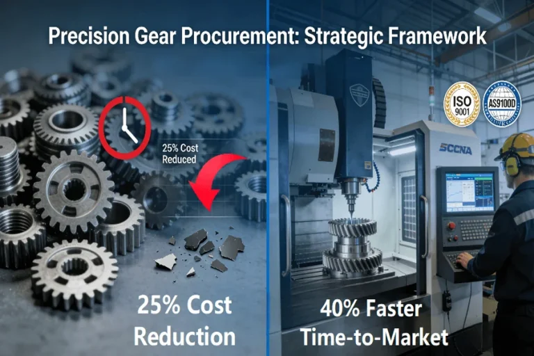 Industrial visual comparing traditional gear procurement challenges (delays, high cost) versus strategic framework solutions (CNC machining, data monitoring, certification) for cost reduction and faster delivery
